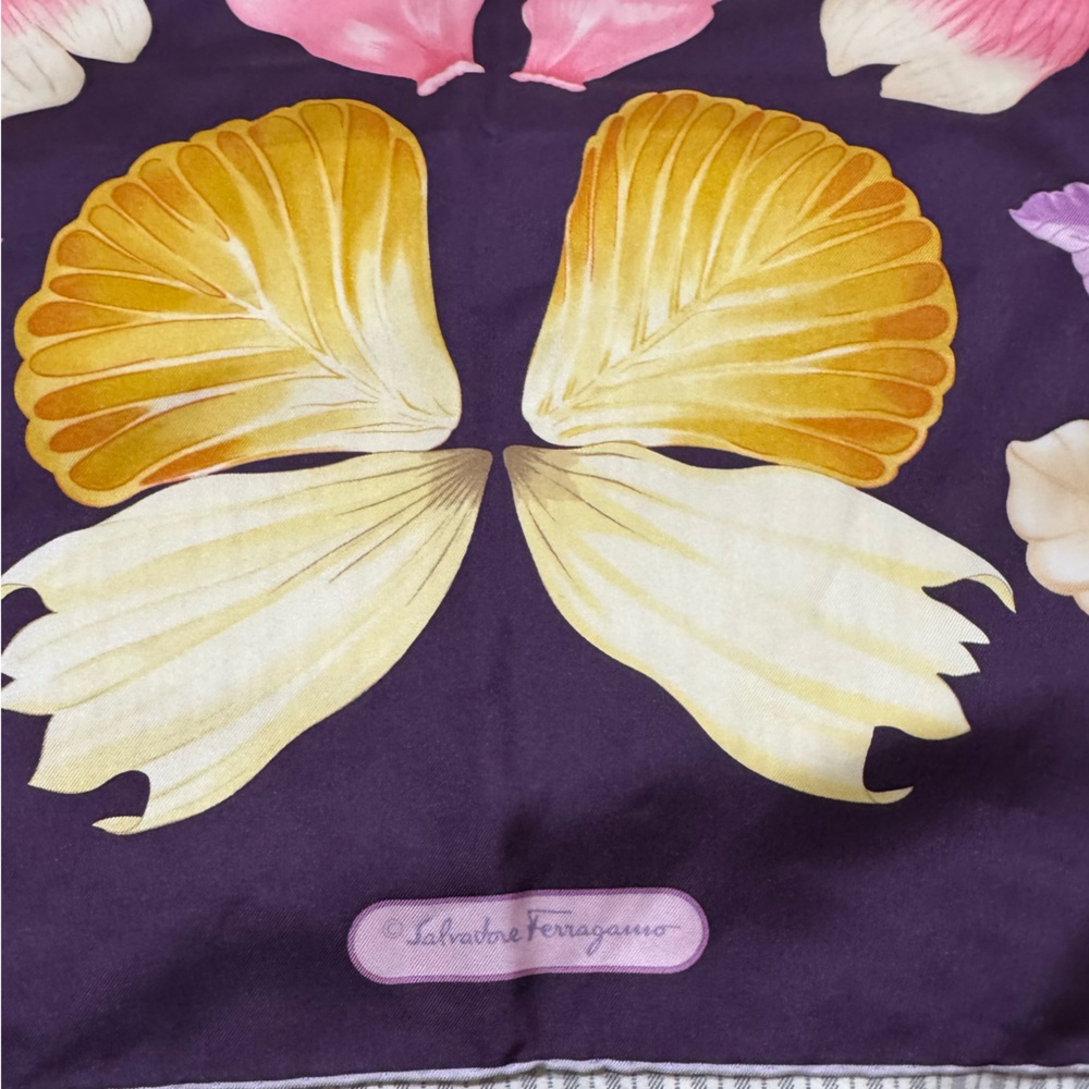 Salvatore Ferragamo Purple Floral silk Scarf - roughly 34”X33.5” - Picture 5 of 7